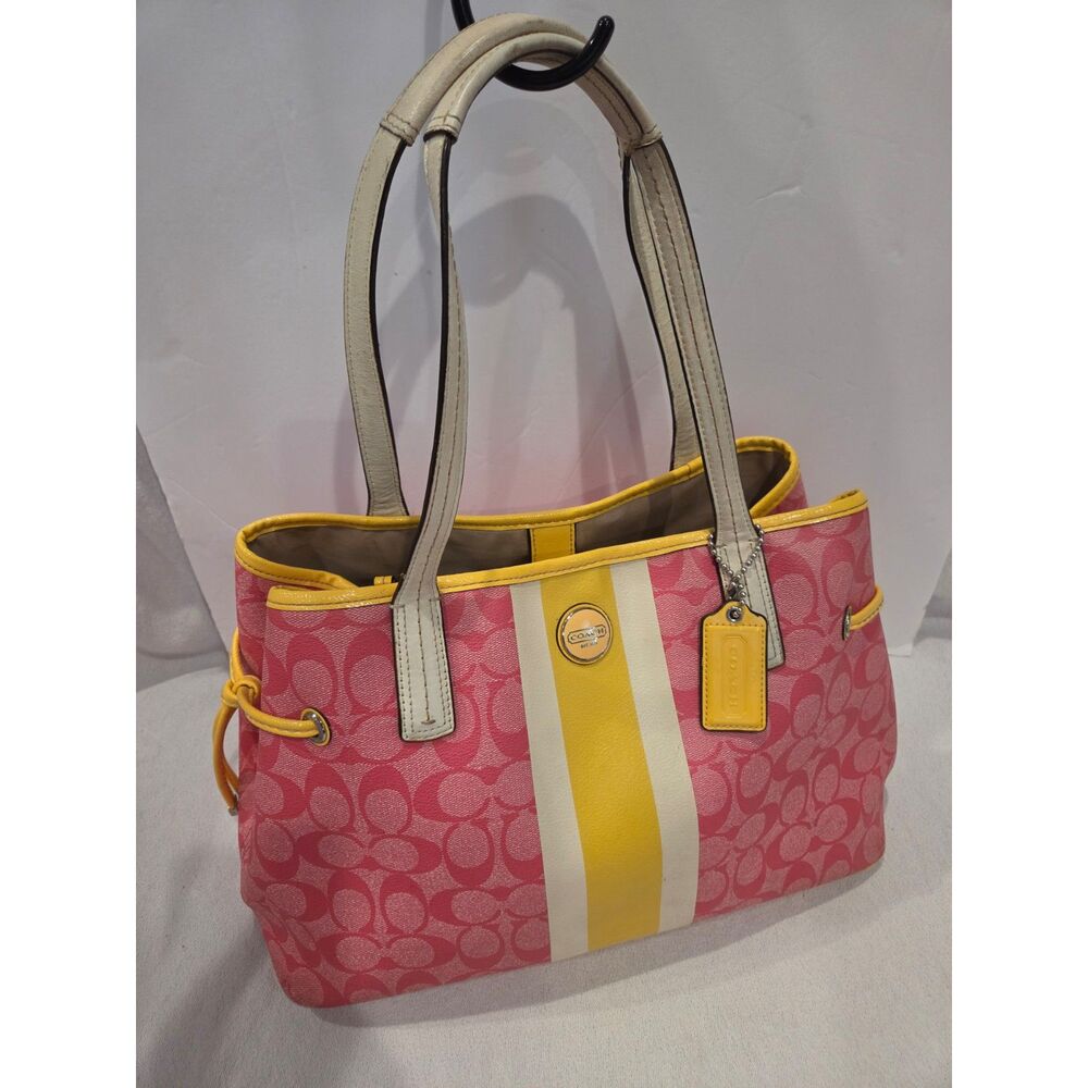 Coach Signature Stripe Demtria Carryall Bag Shoulder Purse Pink Yellow F22908